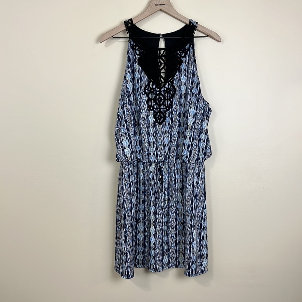 White House Black Market Black & Blue Printed Halter Dress with Crochet Yoke